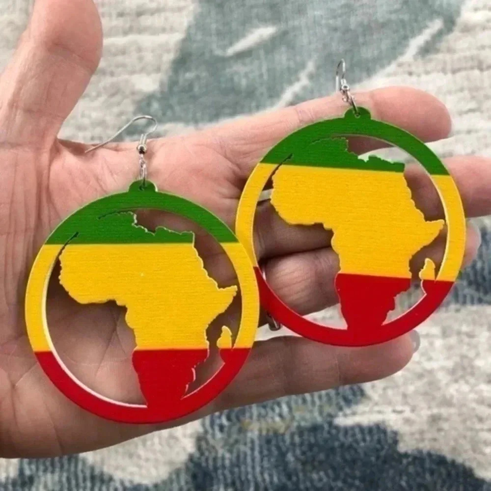 Red Yellow Green Africa Circle Women’s Ladies Large Wood Wooden Drop Earrings